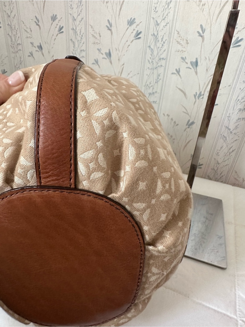 Fossil Beige Patterned Drawstring Bucket Bag with Brown Trim - Picture 12 of 16
